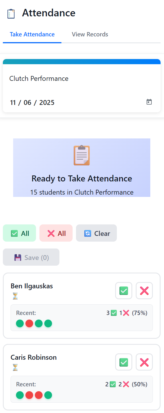 Take attendance screen with athlete list and present/absent buttons