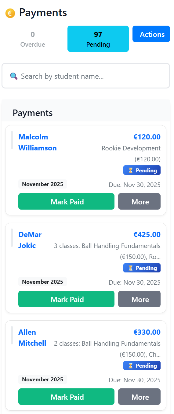 Payment management screen showing overdue and pending payments