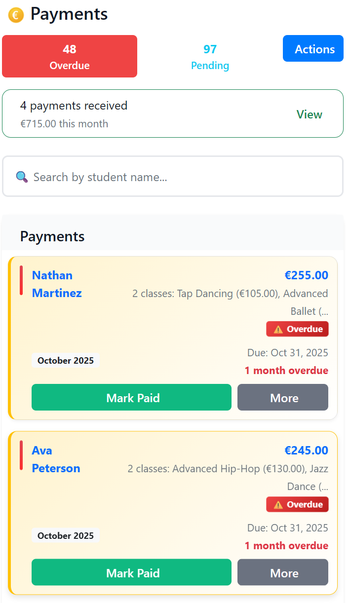 Payment management screen showing overdue and pending payments