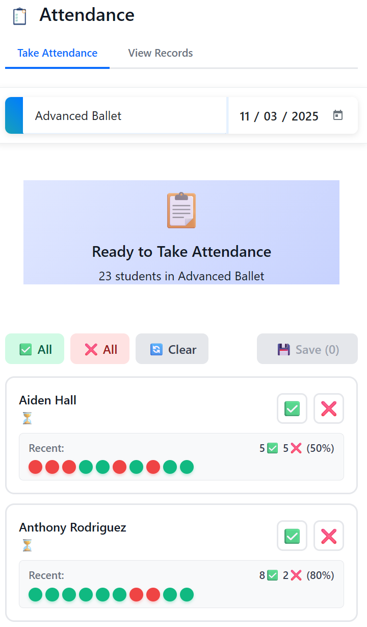 Take attendance screen with dancer list and present/absent buttons